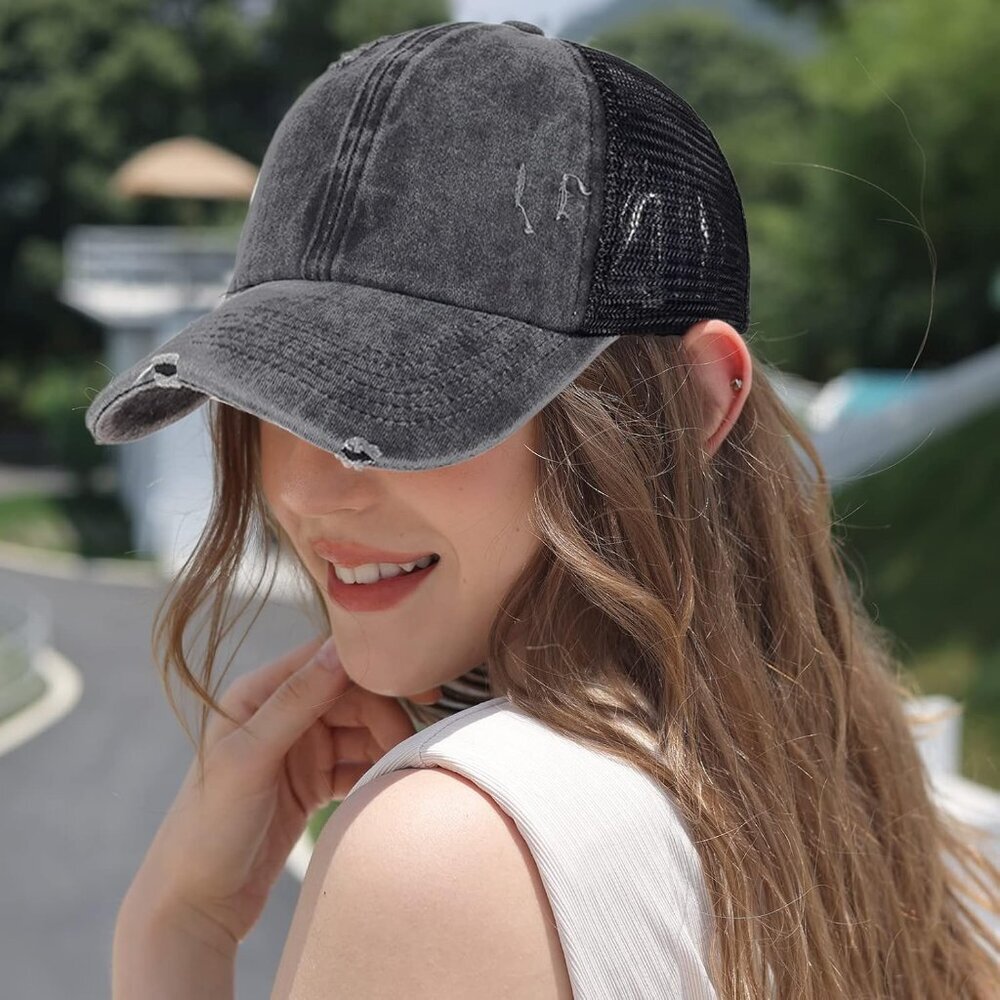 Ponytail Hats Womens Washed Distressed Baseball Cap High Ponycaps Cotton Dad Hat - Picture 5 of 6